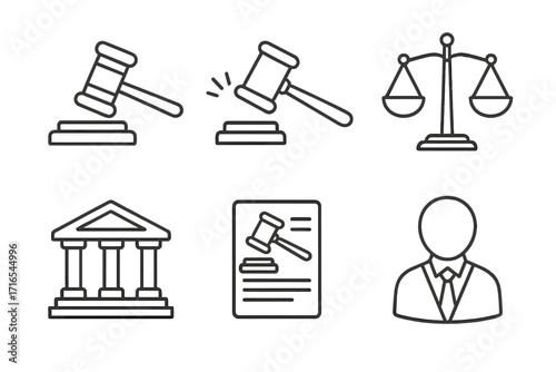 Law and justice line icon set. Collection of simple legal symbols like judge gavel, courthouse, scales of justice, lawyer. Concept for judiciary, court, auction, verdict.