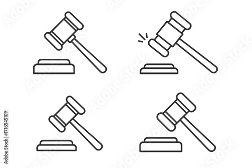 Judge gavel outline icon set. Courtroom hammer for law and justice. Legal judgment, verdict or auction symbol. Legislation and authority concept. Simple vector line art.