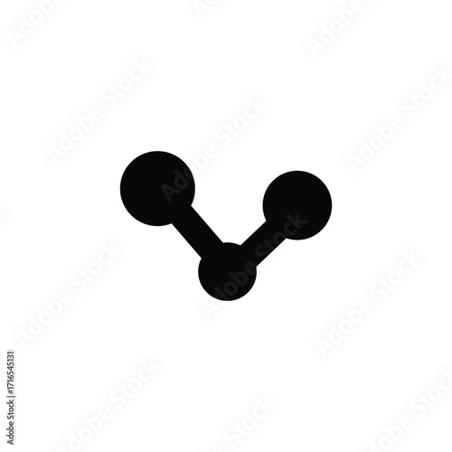 A simple, abstract graphic featuring three black spheres connected by dark lines, resembling a molecular structure or a stylized 'V'.