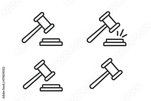 Judge gavel and block icon collection. Line art vector for law, justice, and auction concepts. Courtroom verdict, decision, and judgment symbol. Editable stroke for design.