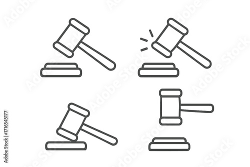 Judge gavel line icon set. Law and justice symbol collection. Court hammer, auction pictogram. Legal verdict, judgment and punishment concept. Editable stroke vector.