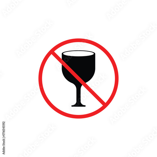 A clear prohibition symbol with a red circle and a diagonal line over a wine glass indicating no alcoholic beverages allowed.