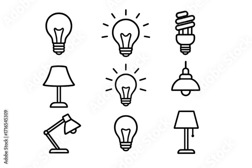 Light bulb lamp icon set vector collection. Line art pictograms of electricity, energy saving & ideas. Editable stroke outline of desk, table & ceiling lights for web design.