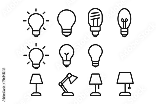 Light bulb and lamp simple line icon collection. Vector set of thin outline pictograms for idea, solution, innovation, and creativity. Editable stroke for easy customization.