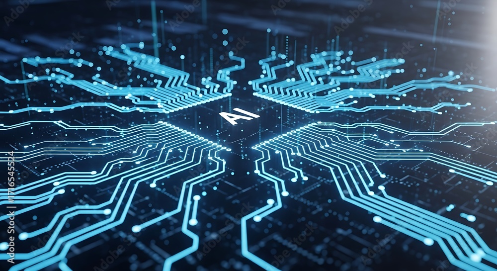 Fototapeta premium Digital Artificial Intelligence Circuitry with Glowing Blue Lines in Futuristic Technology Style