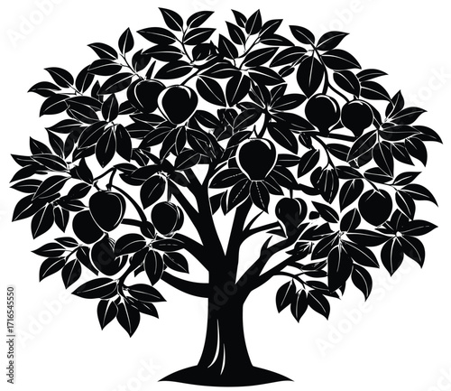 A simple design of a single tree with branches and leaves in a silhouette style for an icon or symbol of nature and growth