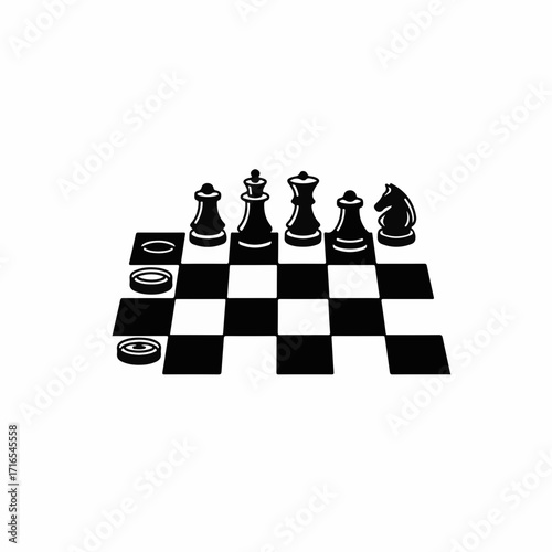 Chess pieces and checkers on a board, a strategic game setup