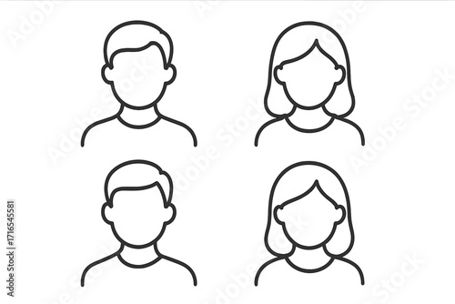 User avatar icon set. Male and female person profile symbols. Man and woman head silhouette collection. Simple line art character icons for web and apps. Editable stroke vector.