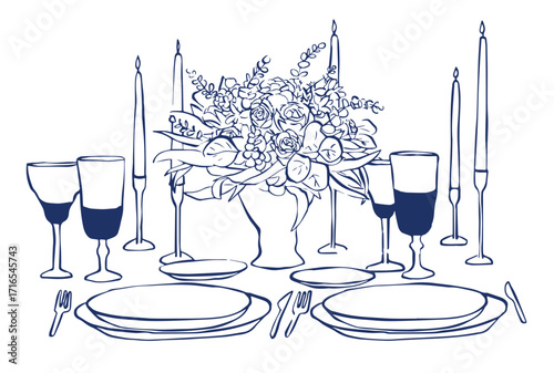 Elegant Wedding Table Setting Illustration – Floral Centerpiece, Candles, Wine Glasses and Dinnerware in Hand-Drawn Line Art Style