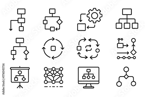 Flowchart and workflow line icon set. Process diagram, algorithm, and organizational structure symbols. Business data flow, hierarchy, and cycle infographic elements.