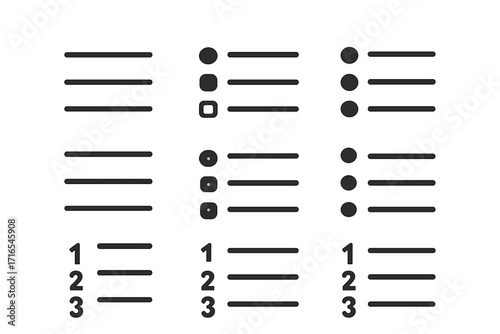 List icon set. Menu, checklist, and navigation symbols. UI UX graphic elements. Bullet point and numbered list vector collection. Editable stroke for web and app design.