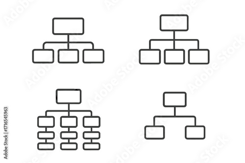 Organizational chart icon set for business structure and company hierarchy. Vector mind map and flowchart infographic elements. Corporate workflow and classification diagram.