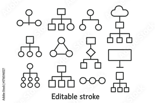 Set of flowchart and mind map icons. Vector collection of hierarchy and organizational chart structures. Thin line symbols for workflow, algorithm, data and sitemap design.