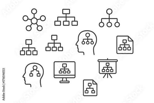 Mind map and hierarchy icon set. Flowchart, organization chart, and business structure diagrams. Vector line icons for workflow, process, brainstorming, and classification.