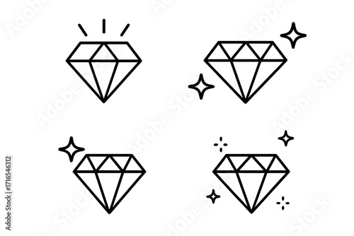Diamond icon set. Collection of linear brilliant cut gems with sparkles. Jewel, crystal, and gemstone symbols. Vector illustration for logo, quality, or luxury concepts.