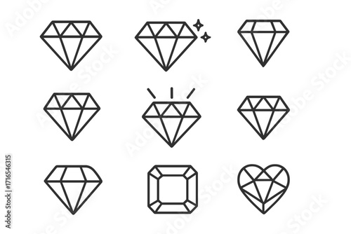 Diamond and gem icon set. Linear style pictogram collection. Precious stones, jewels, and crystals symbols. Includes heart shape, brilliant cut, and sparkling gems. Editable stroke.