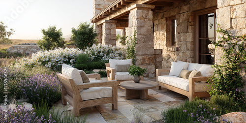 Outdoor Patio with Stone House and Furniture