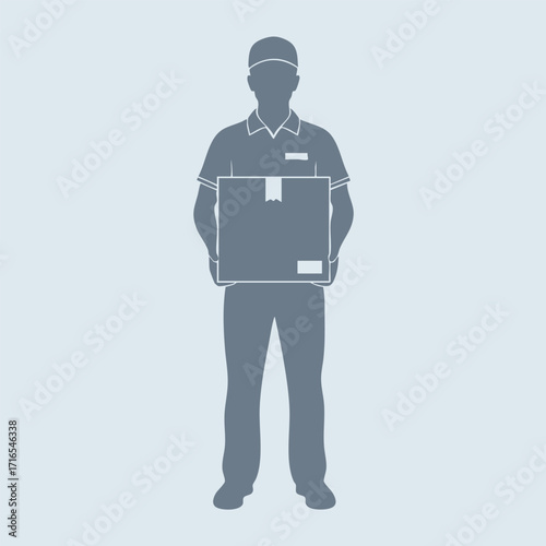 Silhouette of a delivery person holding a large cardboard box standing upright against a plain background