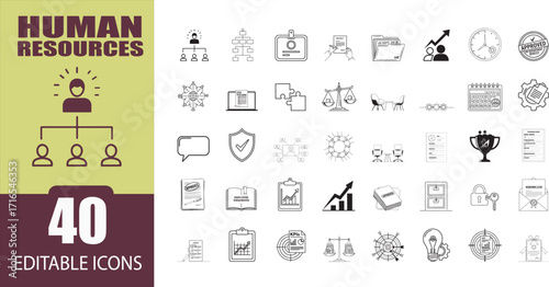 Human Resources Icon Set for Business and Management editable linear vectors representing various HR functions and processes suitable for websites presentations and informational graphics