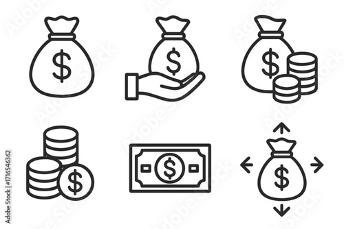 Money bag and cash icon set. Finance, banking, and investment line icons. Dollar sign, coins, and banknote symbols for business concepts. Savings, profit, wealth, loan vector.