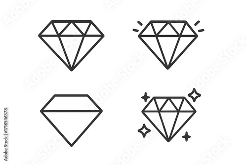 Diamond icon set vector line art. Gemstone and crystal symbols. Luxury brilliant jewel collection. Editable stroke for premium quality, wealth and success concepts. Simple treasure.