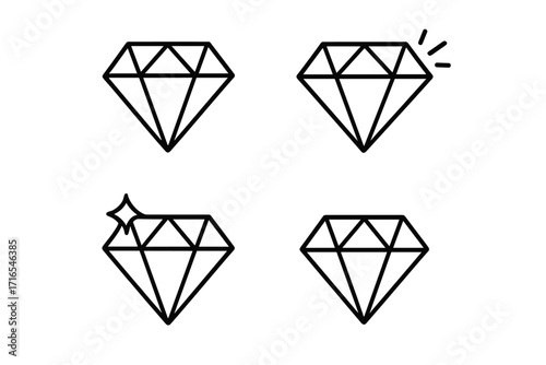 Diamond icon set. Gemstone and jewel line art collection. Luxury, wealth and success concept. Brilliant, shining and sparkling gem symbol for premium quality and value.