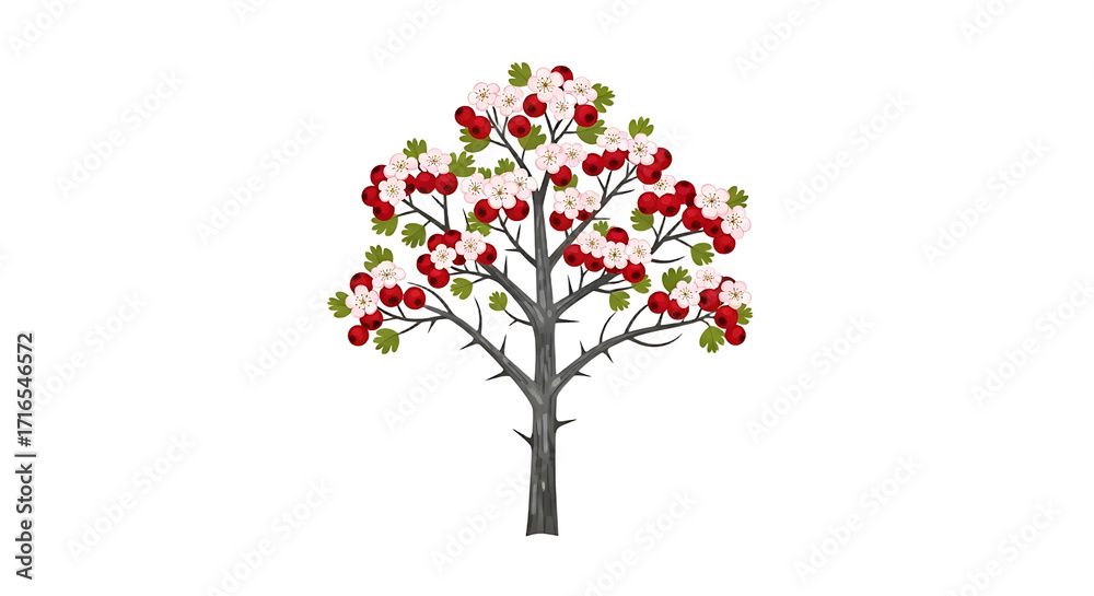 Fototapeta premium Stylized Tree with Red Berries and White Blossoms.