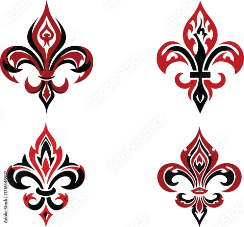 Four ornate fleur de lis symbols in red black and green on white background