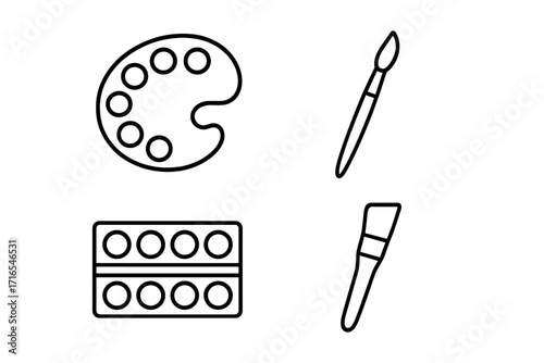 Paint palette, watercolor and brush line icon set. Editable stroke vector illustration. Minimalist artist tools pictogram for creative design, apps and banners. Art supplies.