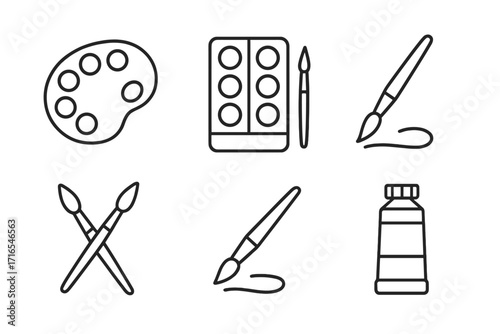 Art supplies line icon set. Paint palette, watercolor, brush stroke, paint tube pictogram. Editable stroke vector graphic for artist and designer. Minimal linear art tools.