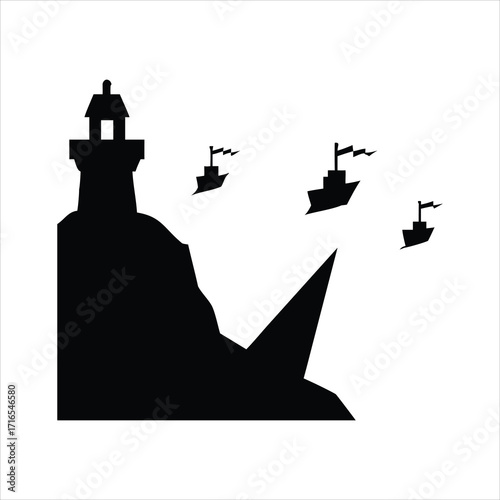 Silhouette of a lighthouse on a cliff with ships sailing by