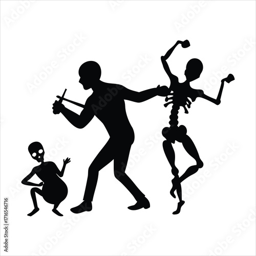 Puppeteer controlling a dancing skeleton and a small alien creature