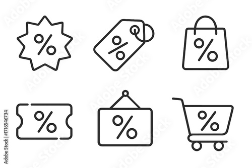 Sale and discount line icon set with percent symbol. Vector collection for promotion and shopping. Price tag, coupon, shopping cart and bag for retail commerce business.