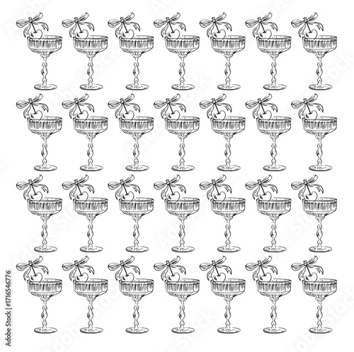 Seamless Pattern of Vintage Cocktail Glasses with Cherries – Hand-Drawn Alcoholic Drink Illustration for Bar, Party, and Celebration Designs