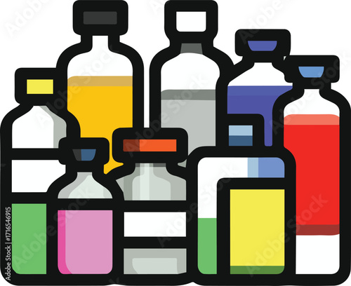 Collection of colorful liquid filled pharmaceutical bottles and vials