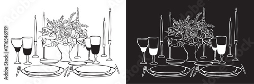 Elegant Wedding Table Setting Illustration – Floral Centerpiece, Candles, Wine Glasses and Dinnerware in Hand-Drawn Line Art Style
