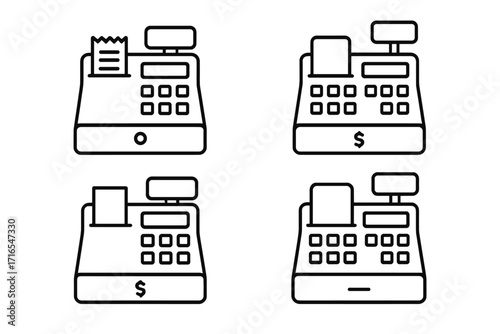 Set of minimalistic line icons of cash registers with editable stroke, linear pictogram design for cards, apps, banners, posts, vector cartoon illustration, business finance retail