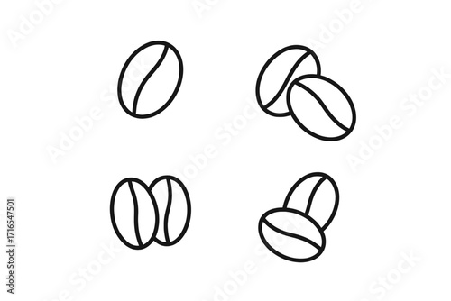 Set of minimalistic line icons of coffee grains with editable strokes, simple linear vector pictograms for design, cards, apps, banners, social media posts, cartoon illustration