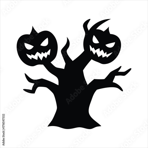 Spooky halloween tree with two jack o lantern faces silhouette