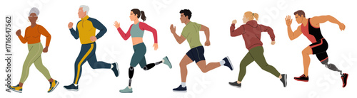 Set of diverse people running, including athletes, seniors, individuals with prosthetic legs. Flat colorful vector illustration isolated on transparent background for fitness, sport designs