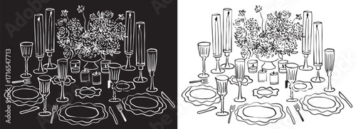 Elegant Wedding Table Setting Illustration – Floral Centerpiece, Candles, Wine Glasses and Dinnerware in Hand-Drawn Line Art Style