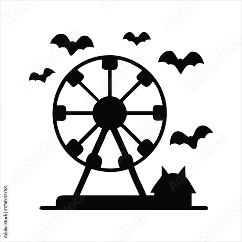 Halloween ferris wheel with bats and spooky house silhouette