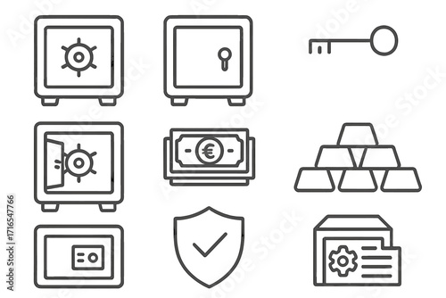 Safe deposit box icon set, secure vaults, money storage, key, gold bars, euro cash, password protection, shield verification, financial security, editable stroke vector collection for infographics