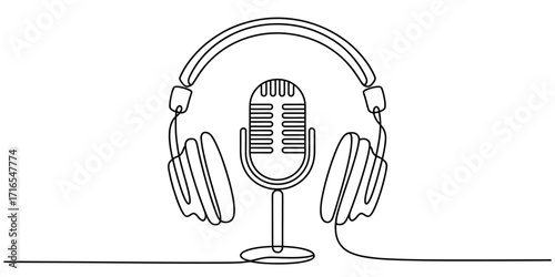 Retro microphone and headphones silhouette for audio recording broadcasting or music production