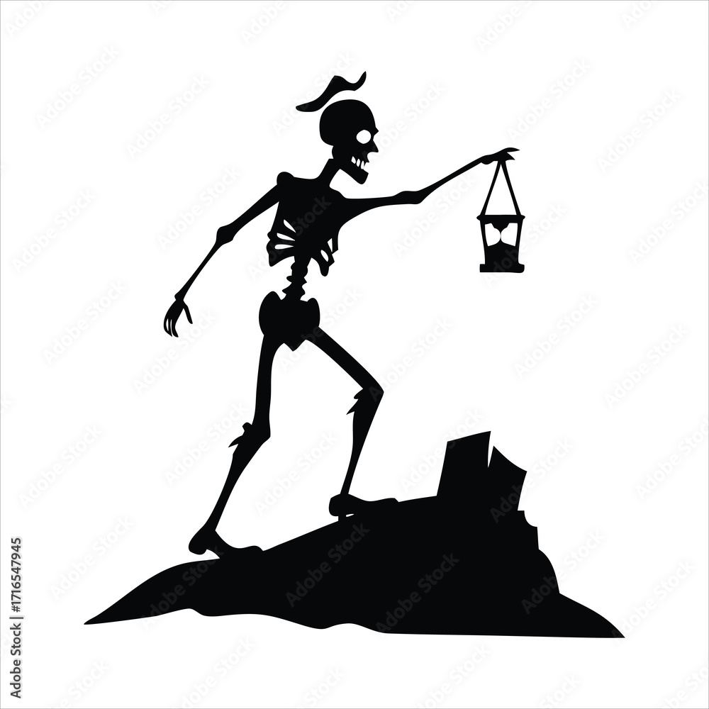 Fototapeta premium Skeleton holding an hourglass lantern on a rocky outcrop