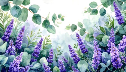 Watercolor floral border with lavender and eucalyptus