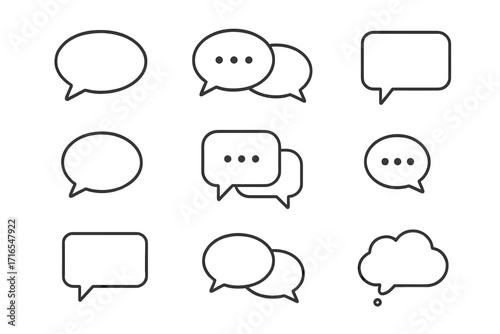 Minimalistic line icons of speech bubbles set, editable stroke vector, linear chat pictograms for design, messaging apps, social media banners, cards, communication symbols