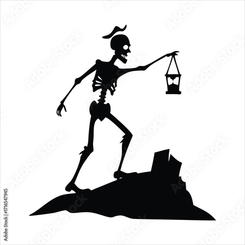 Skeleton holding an hourglass lantern on a rocky outcrop