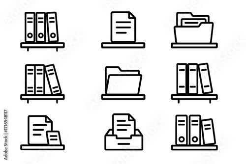 Shelved document outline icons collection, editable stroke, vector cartoon illustration of books, folders, files for infographics, articles, banners, office organization concept