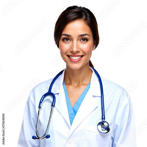 Smiling Female Doctor with Stethoscope Isolated on White